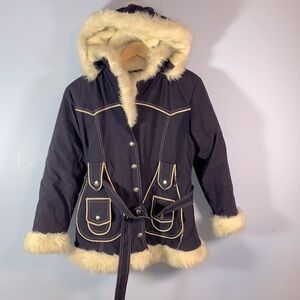 Big Chill navy blue  fur lined penny lane style zip up coat girls size 14/16 Y2K